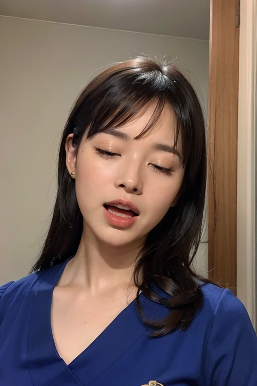 Upper Body, Movie angle, masterpiece, Highest quality, Very detailed, CG, 8k wallpaper, Beautiful Face, Delicate eyes, Otome, alone, ((open mouth、closed eyes)), have, Cobalt blue dress with gold trim, Floral Background