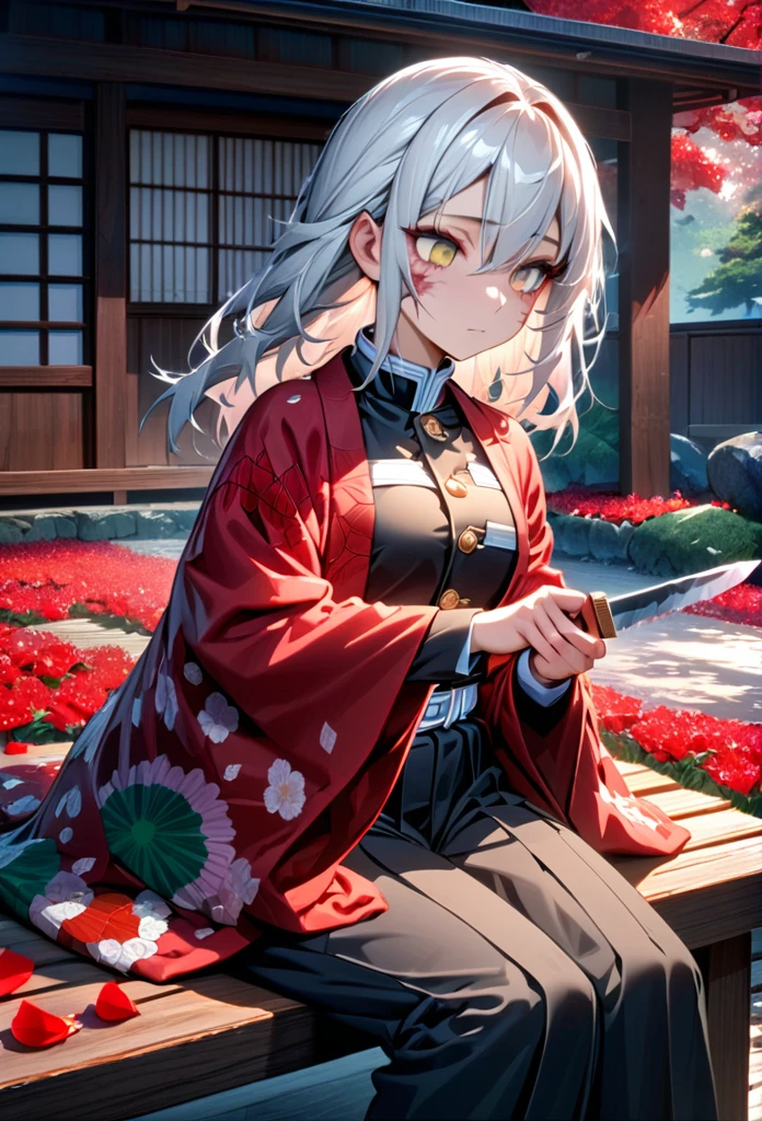 Ultra detailed, high resolution, absurd, HDR, masterpiece, anime girl, beautiful woman, long white hair with red streaks, expressive yellow eyes, red haori, black demon slayer uniform, wearing black pants,Kimetsu No Yaiba, fantasy , petals, red flowers, beautiful, woman sitting alone on a wooden bench, alone, afternoon, sun, forest next to a Japanese house, best quality, extremely detailed face and eyes, expressionless, apathetic, dark circles under the eyes, cutting the upper part of the forearm with a knife, painlessly, blood only on the forearm, face without blood, deep cut on the forearm, clothing sleeves extended showing scars on tbe forearm
