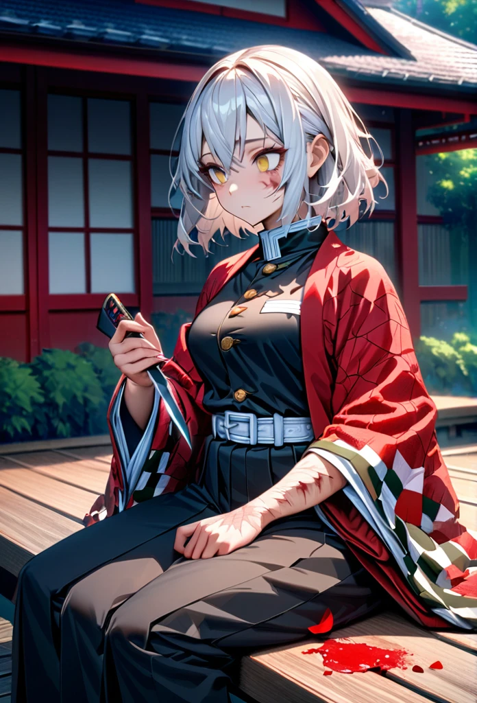 Ultra detailed, high resolution, absurd, HDR, masterpiece, anime girl, beautiful woman, long white hair with red streaks, expressive yellow eyes, red haori, black demon slayer uniform, wearing black pants,Kimetsu No Yaiba, fantasy , petals, red flowers, beautiful, woman sitting alone on a wooden bench, alone, afternoon, sun, forest next to a Japanese house, best quality, extremely detailed face and eyes, expressionless, apathetic, dark circles under the eyes, cutting the upper part of the forearm with a knife, painlessly, blood only on the forearm, face without blood, deep cut on the forearm, clothing sleeves extended showing scars on tbe forearm