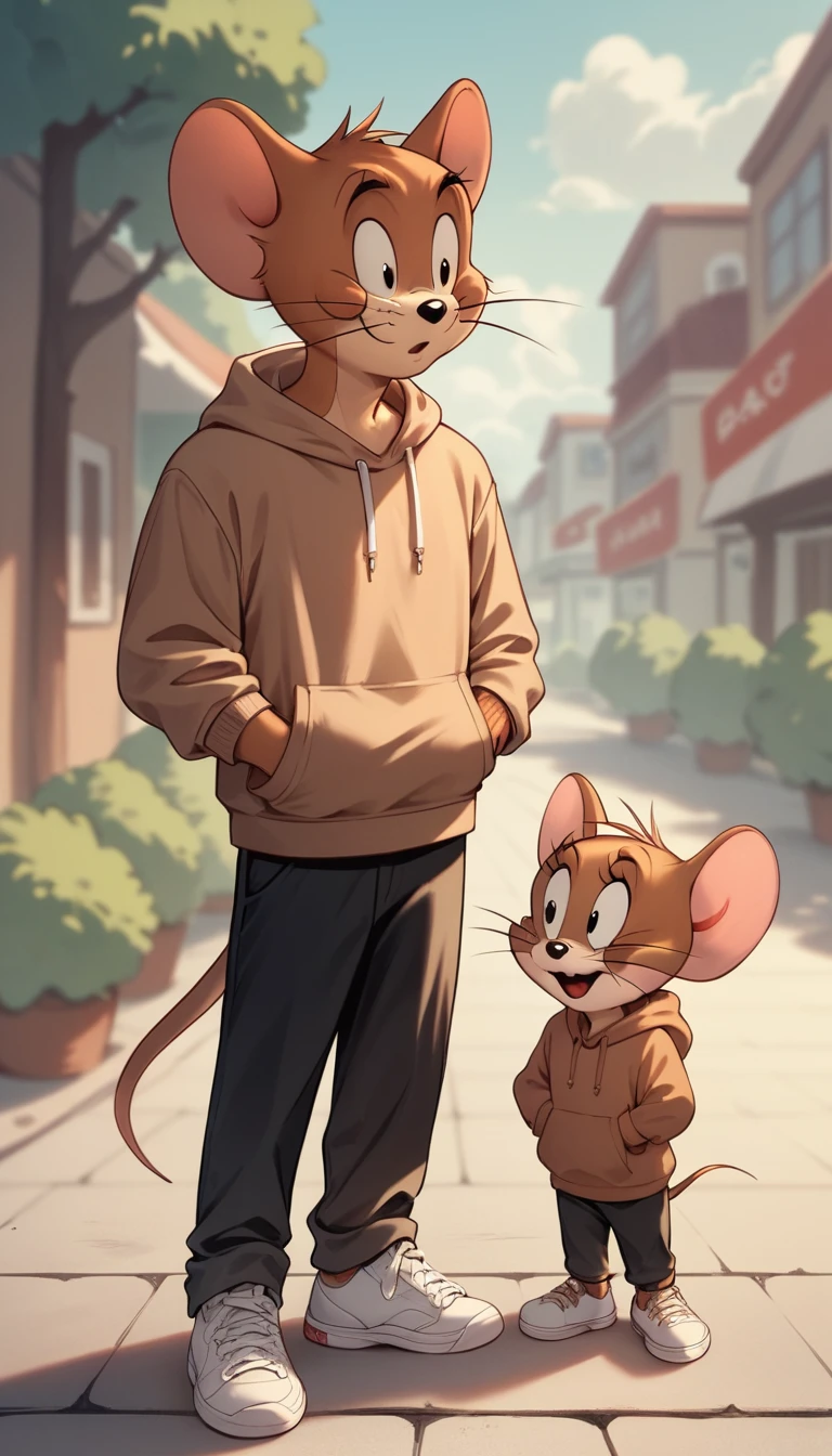 Fraction_9, Fraction_8, Fraction_9, Jerry, mouse, outdoor, charming,Brown hoodie,Black pants,White sneakers,whole body