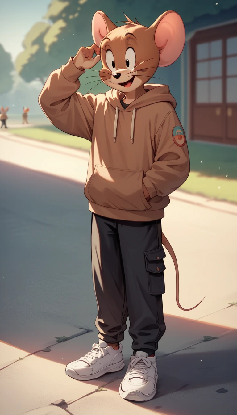 Fraction_9, Fraction_8, Fraction_9, Jerry, mouse, outdoor, charming,Brown hoodie,Black pants,White sneakers,whole body