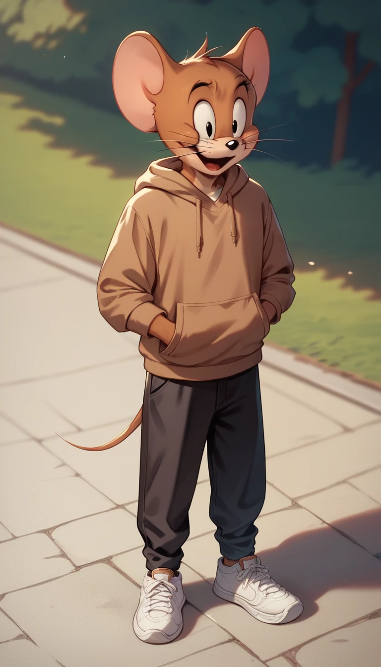 Fraction_9, Fraction_8, Fraction_9, Jerry, mouse, outdoor, charming,Brown hoodie,Black pants,White sneakers,whole body