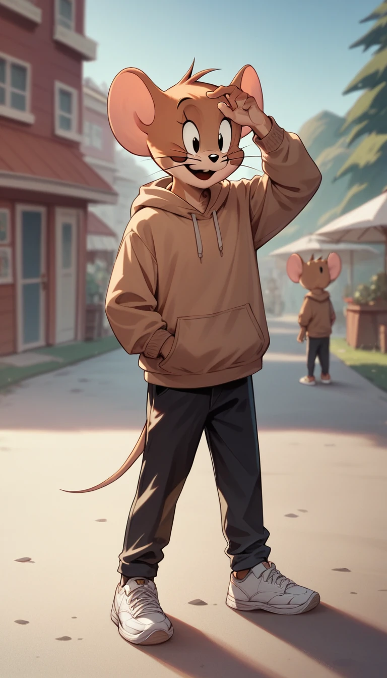 Fraction_9, Fraction_8, Fraction_9, Jerry, mouse, outdoor, charming,Brown hoodie,Black pants,White sneakers,whole body