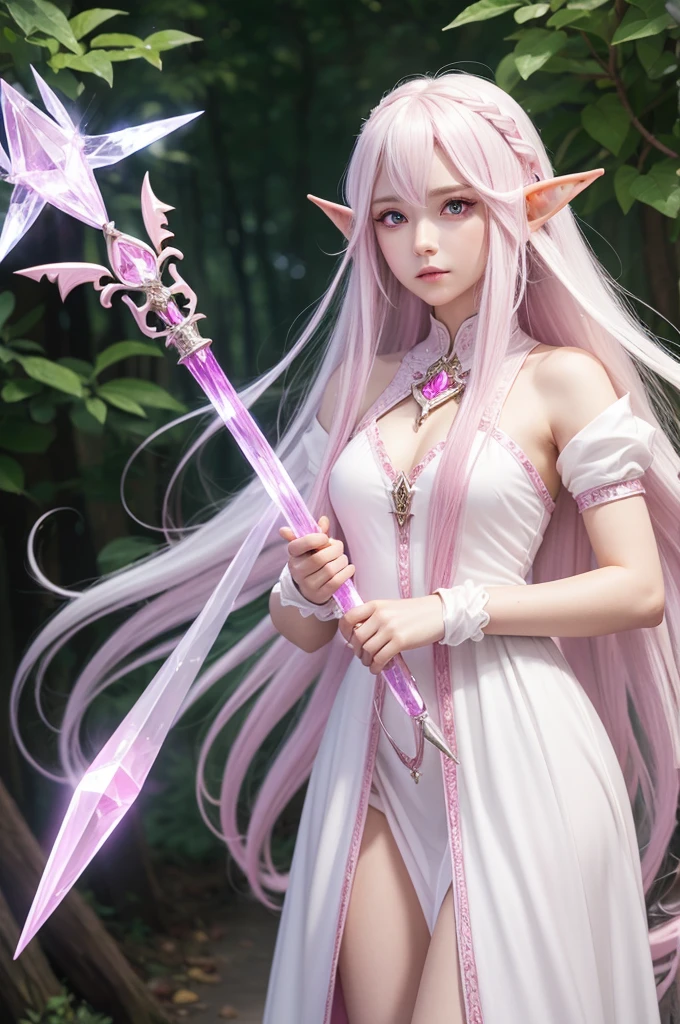 rpg character race elf class wizard, long white hair vibrant pink eyes, staff with pink crystal and transparent white dress 