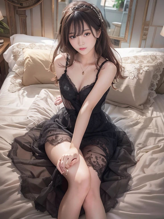 Photo-realistic quality、透け感のあるBlack slip、Sitting on the bed, 20-year-old Japanese model in a sexy dress, A stylish, revealing lace slip, Elegant lace slip,Lovely lady, Sexy Style, Black slip,looking at the camera、Detailed and beautiful eyes、Cute smile、A soft and gentle look、Medium chest、Sitting sideways、Beautiful legs、Shooting from a high angle