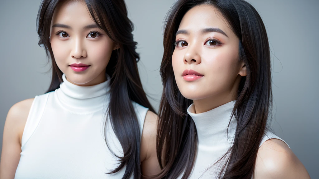 ((Detailed face)),vivid,cute,A silky white dress with a turtleneck and sleeveless top,4K,Ultra-high resolution,（Photorealistic：1.7）,Gray background,Long black hair,