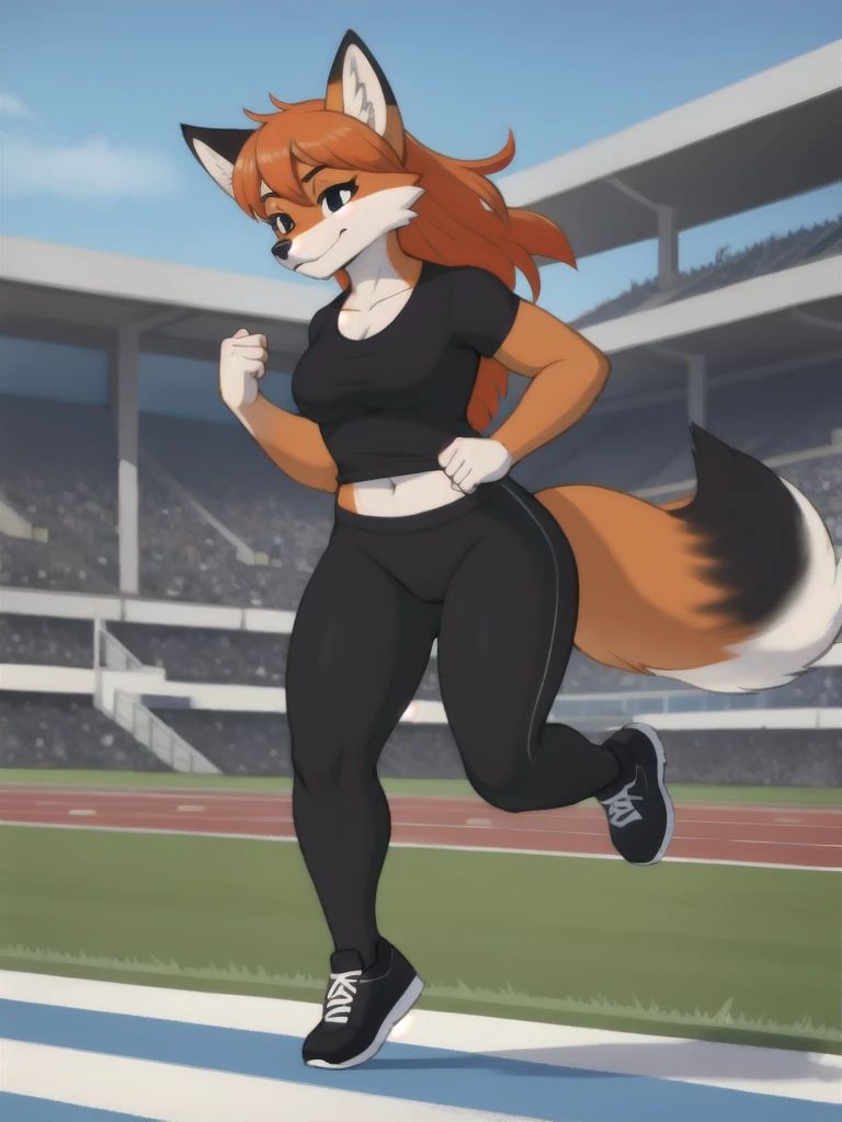 Furry, fox, female, black shirt, black leggings, shoes, running track, solo, full body