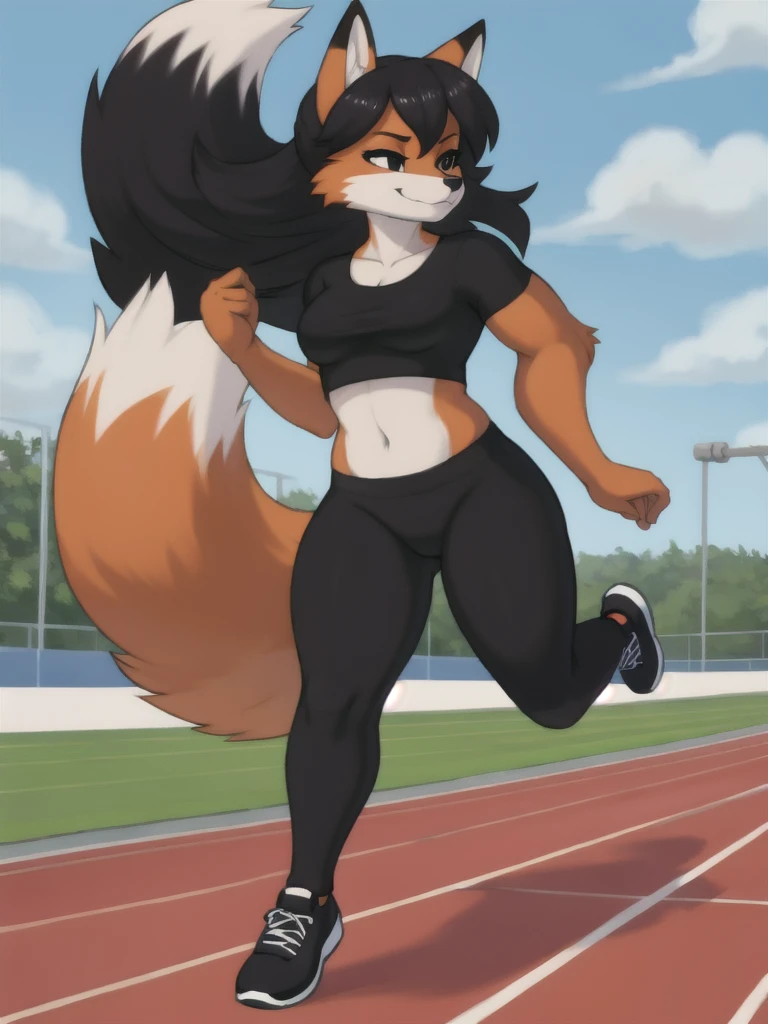 Furry, fox, female, black shirt, black leggings, shoes, running track, solo, full body