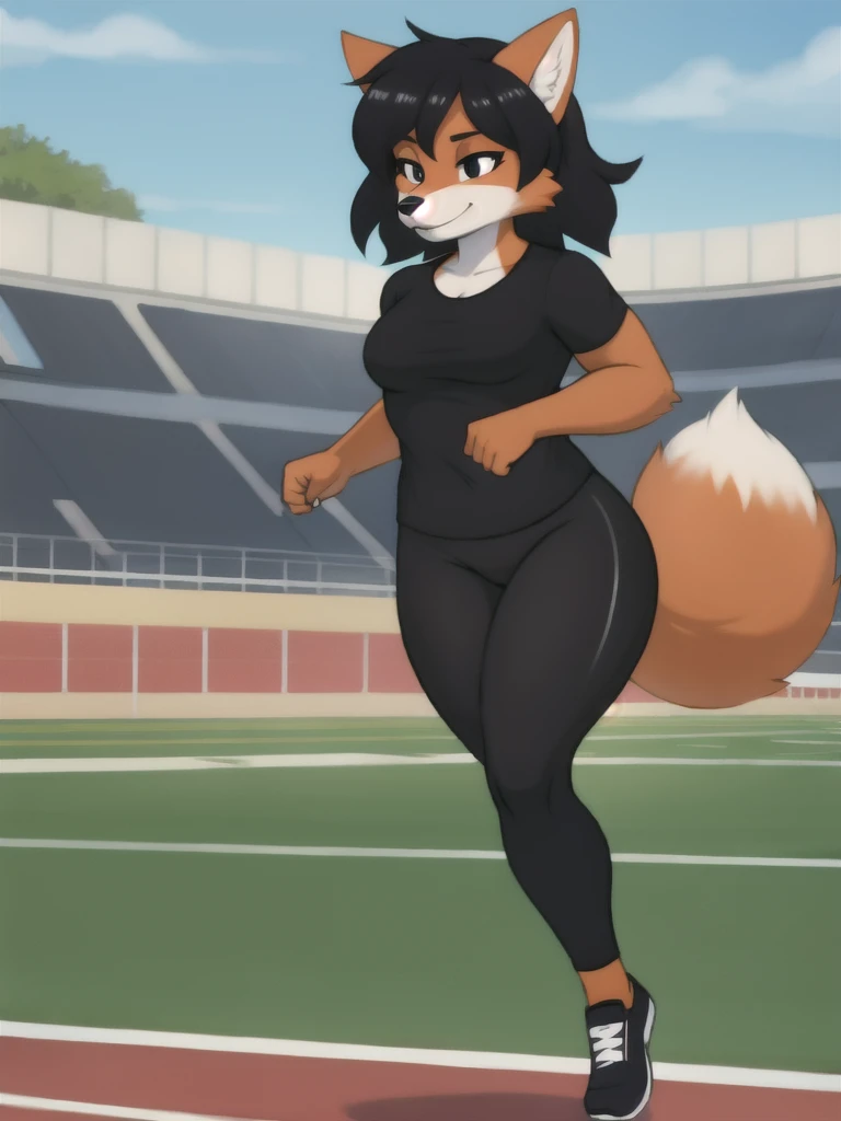 Furry, fox, female, black shirt, black leggings, shoes, running track, solo, full body