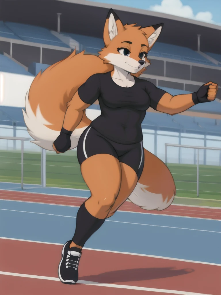 Furry, fox, female, black shirt, black leggings, shoes, running track, solo, full body