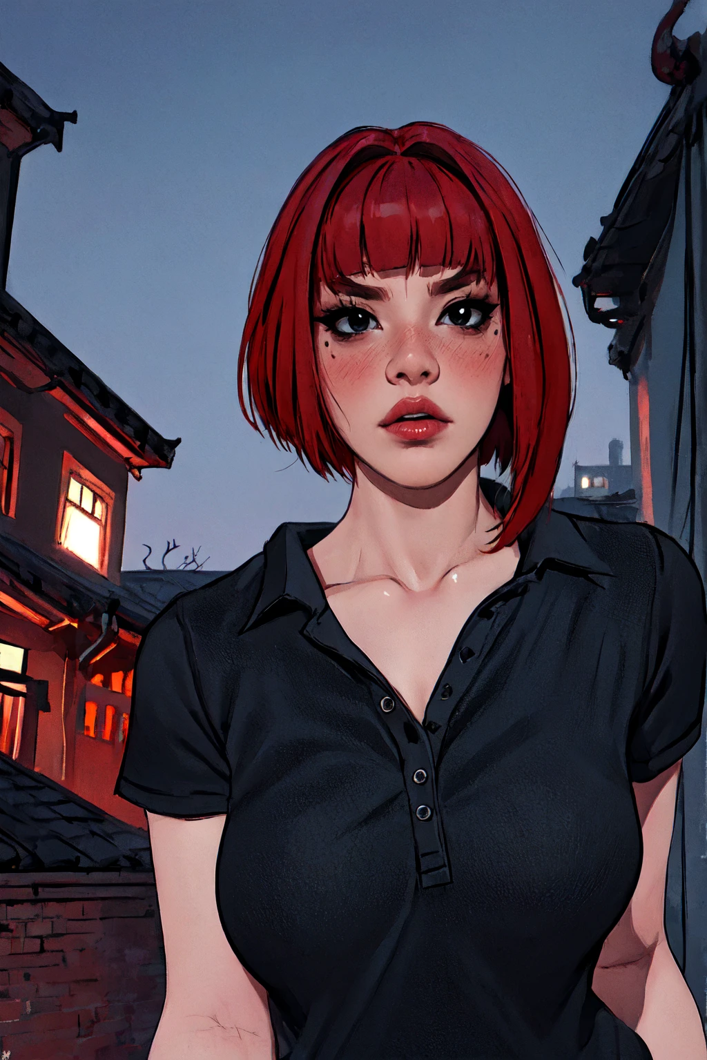 1woman, 35 years old, solo, skinny, red hair, black eyes, eyeliner, looking at viewer, lips, red bob cut, blunt bangs, blush, standing, upper body, face focus, outdoors, horror \(theme\), night, large breats, sexy woman