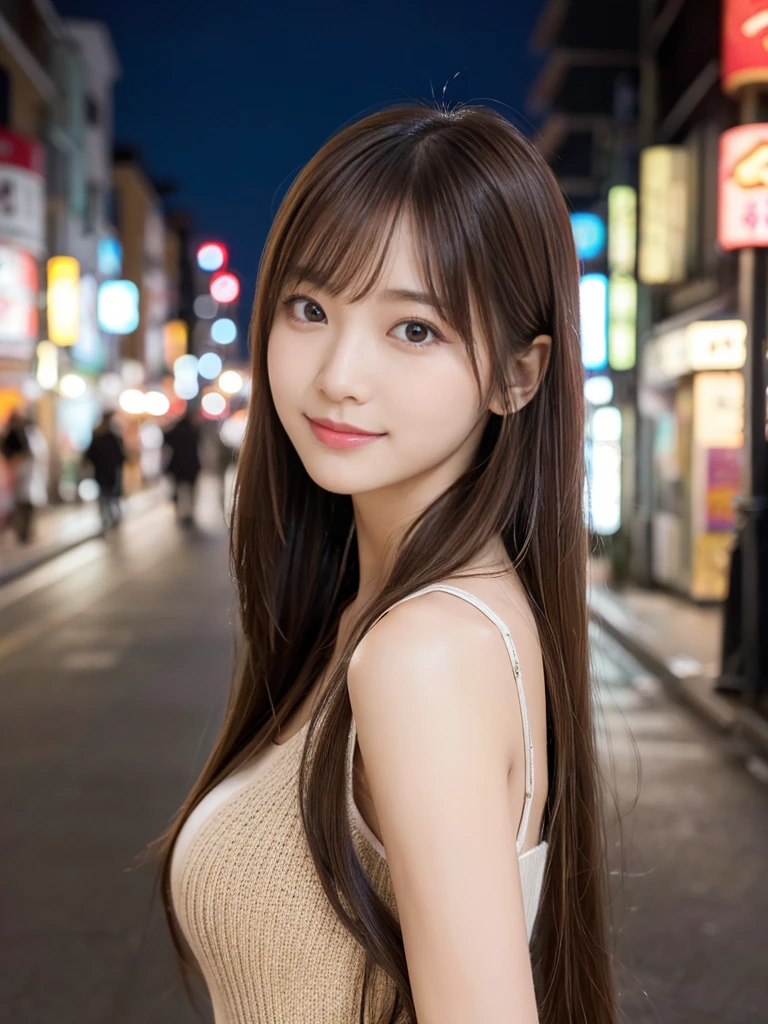 masterpiece、1 beautiful girl、Detailed eyes、Puffy eyes、Highest quality, 超High resolution, (Reality: 1.4), Cinema Lighting、Japanese、Asian Beauty、Super Beauty、Beautiful Skin、Slender、Body facing forward、(Surreal)、(High resolution)、(8k)、(Very detailed)、(Beautiful and detailed eyes)、(Ultra-detailed)、 (wall-)、Detailed face、Bright lighting、Professional Lighting、View your viewers、Look straight ahead、(The costume is a knit dress)、Long Hair, My hair is messy, Asymmetrical bangs, 、Night Scenery、Brown Hair、Japan is an idol、Korean Idol、Gravure idol pose、、Age 21、expensive, smile, Park scenery、