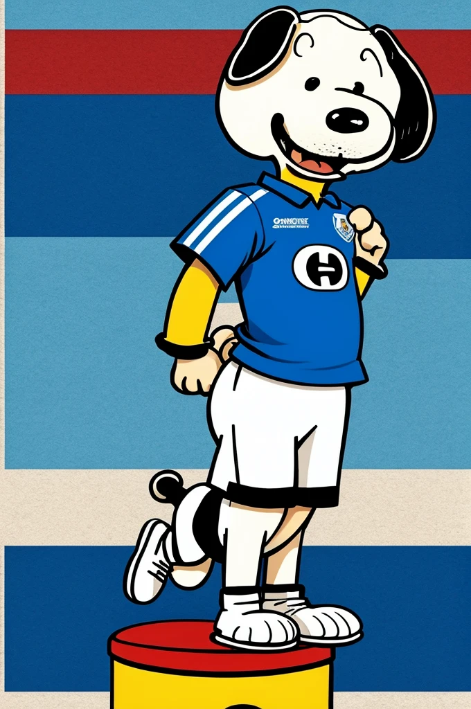 a cartoon snoopy with a shirt from the monterrey striped soccer team 