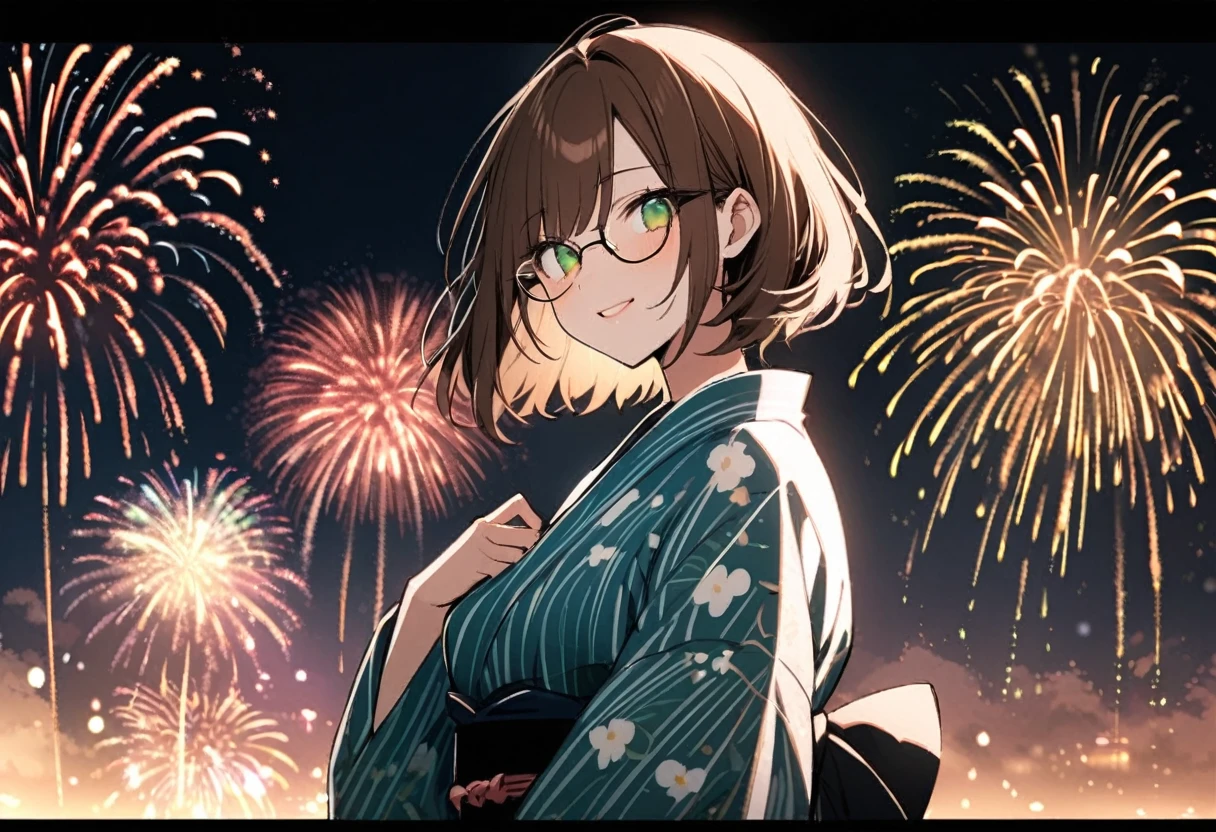 (Heart Shape, many:1.2 fireworks), (32 yo, solo:2, bob brown hair short hair cute woman, sexy green eyes, glasses, glossy lip, medium:1.4 tits, love smile), (in a beautiful yukata with double exposure:1.2 of fireworks), BREAK, 16k, beautiful detailed silhouette.