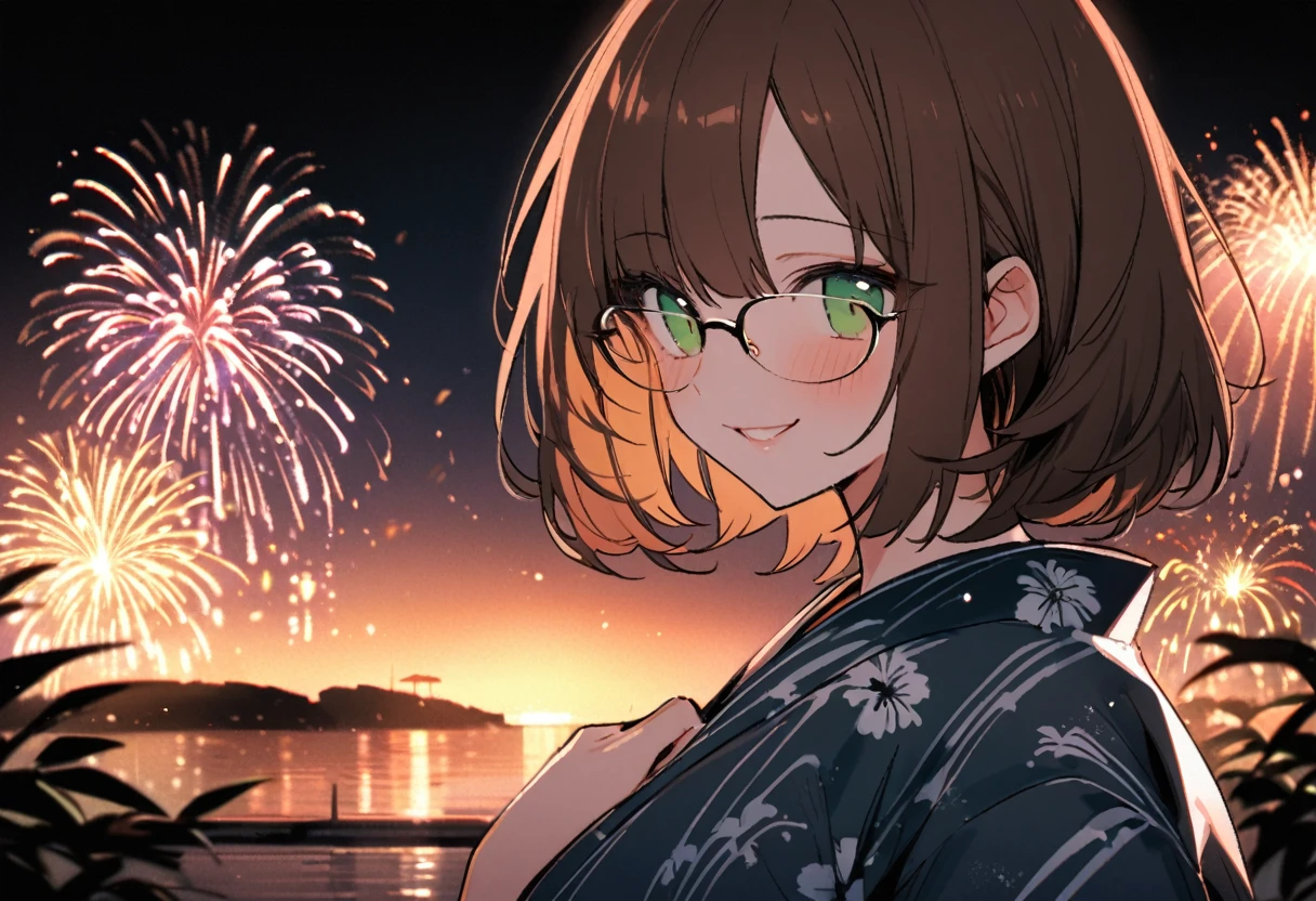 (Heart Shape, many:1.2 fireworks), (32 yo, solo:2, bob brown hair short hair cute woman, sexy green eyes, glasses, glossy lip, medium:1.4 tits, love smile), (in a beautiful yukata with double exposure:1.2 of fireworks), BREAK, 16k, beautiful detailed silhouette.