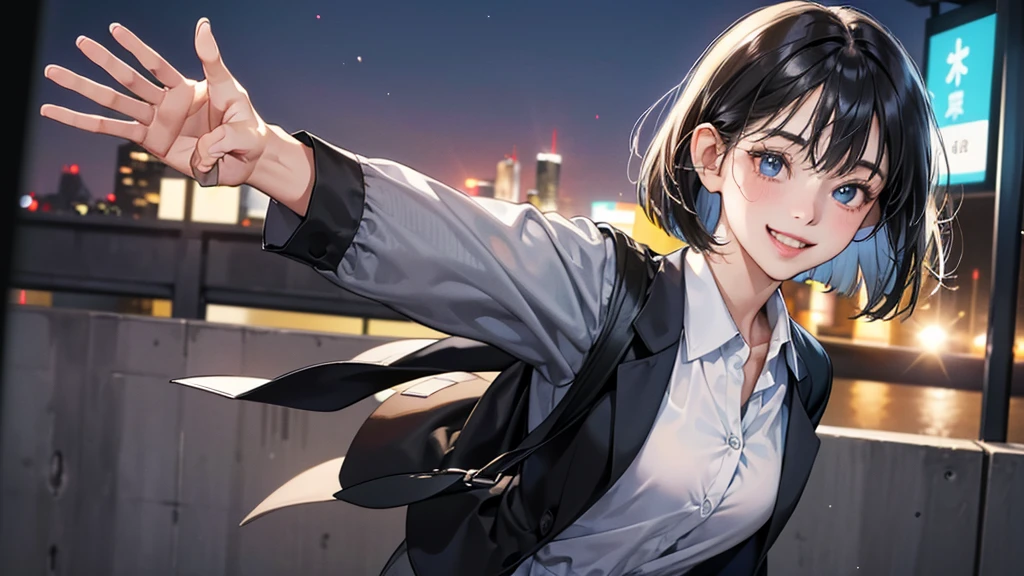 (perfect anatomy:1.2)(absurdres, highres, ultra detailed),masterpiece,best quality,high resolution,8k,Realistic face,Realistic skin texture,magnified textures, stunning clarity,detailed anime girl,(ultra detailed eyes and face),(1 girl:1.5)21years old,she is office worker,,black hair, bob cut,natural make,grey jacket,grey pants,white brouse,sparkling eyes.small nose,roundface,(shinjuku train station),night,bussines district,she is walking,(looks happy:1.5),feeling freedom,(smile:1.5),look at viewer,upper body,she's waving bye-bye,Button up the blouse at the chest