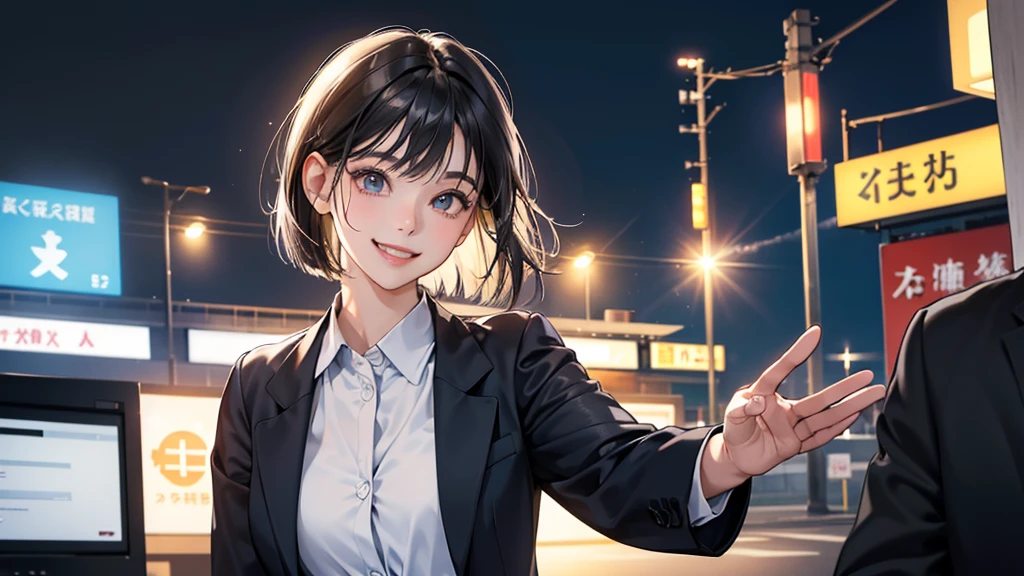 (perfect anatomy:1.2)(absurdres, highres, ultra detailed),masterpiece,best quality,high resolution,8k,Realistic face,Realistic skin texture,magnified textures, stunning clarity,detailed anime girl,(ultra detailed eyes and face),(1 girl:1.5)21years old,she is office worker,,black hair, bob cut,natural make,grey jacket,grey pants,white brouse,sparkling eyes.small nose,roundface,(shinjuku train station),night,bussines district,she is walking,(looks happy:1.5),feeling freedom,(smile:1.5),look at viewer,upper body,she's waving bye-bye,Button up the blouse at the chest