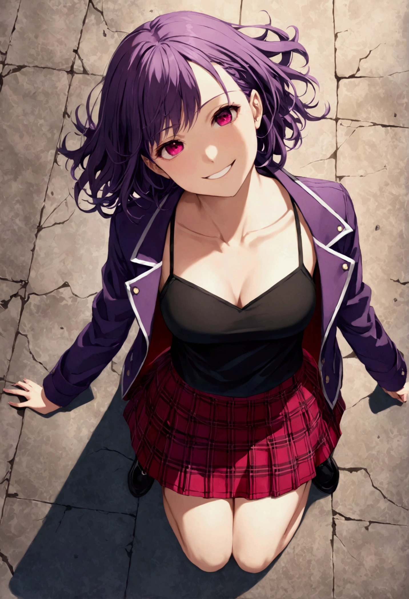 masterpiece, Highest quality, High resolution, break, masterpiece, Highest quality, High resolution, break ,Wicked Smile,, purple, Ruby, Simple Theme, , Top Shot, ,look up, clavicle,break, shinka nibutani, , Jacket, Checked skirt ,