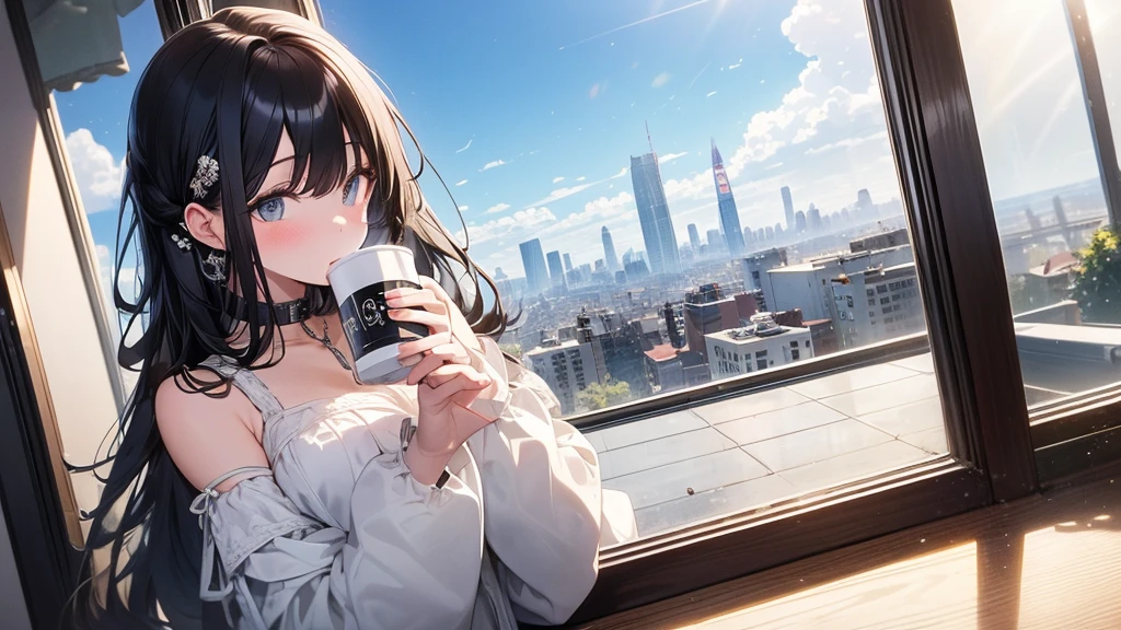 Ultra-high resolution, 8k, (Masterpiece, mysterious:1.3), Works by Makoto Xin Haicheng, Lo-fi feel, Perfect human body engineering, 1 female, mysteriousな瞳, Her charm point is her beautiful eyes, Idol, White ruffled dress, Shiny long black hair, Larger than average bust, Listening to music through headphones, Looking out the window, A room with musical instruments, city view from the window, Impressive cityscape, Bright Sky, meteor, Wide angle, Before dusk, Break time during composition, Coffee in a mug