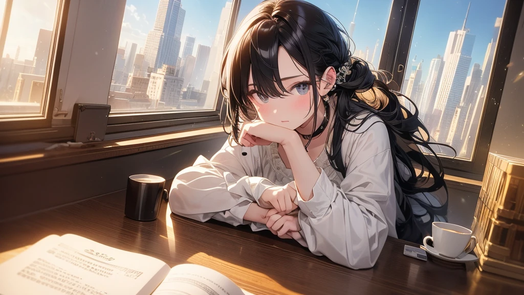 Ultra-high resolution, 8k, (Masterpiece, mysterious:1.3), Works by Makoto Xin Haicheng, Lo-fi feel, Perfect human body engineering, 1 female, mysteriousな瞳, Her charm point is her beautiful eyes, Idol, White ruffled dress, Shiny long black hair, Larger than average bust, Listening to music through headphones, Looking out the window, A room with musical instruments, city view from the window, Impressive cityscape, Bright Sky, meteor, Wide angle, Before dusk, Break time during composition, Coffee in a mug