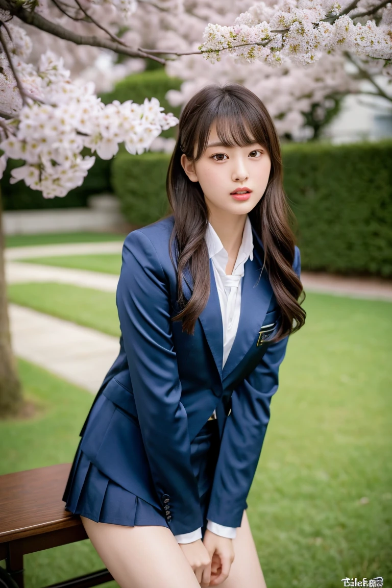 (8k), (Highest quality: 1.2), (Realistic), (Realistic: 1.37), Ultra-high resolution, 1 girl, cute, face, Mouth closed, Beautiful details, Beautiful Nose,Beautiful Hair,Long Tail,Thick thighs,chest,High ,A simple dark blue satin blazer,Satin White Blouse,tie,Pleated skirt,School,Cherry tree in full bloom,(スカートとtieの柄は濃紺のタータンチェック柄です..:1.3),(The check pattern on the skirt is a little small..:1.2),Thigh close-up,avert your eyes,笑face