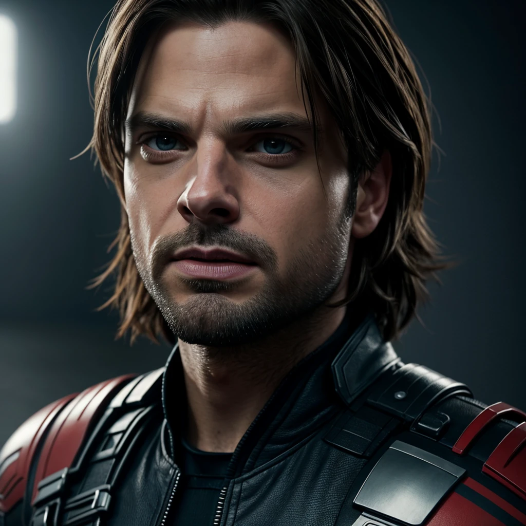 A highly detailed, hyper-realistic portrait of Bucky Barnes from the Marvel universe, featuring the distinctive facial features of actor Sebastian Stan, cinematic lighting, 8k resolution, masterpiece, stunning, ultra-detailed, photorealistic, sharp focus, physically-based rendering, vivid colors, dramatic shadows and highlights, chiaroscuro, moody, somber, melancholic, digital painting