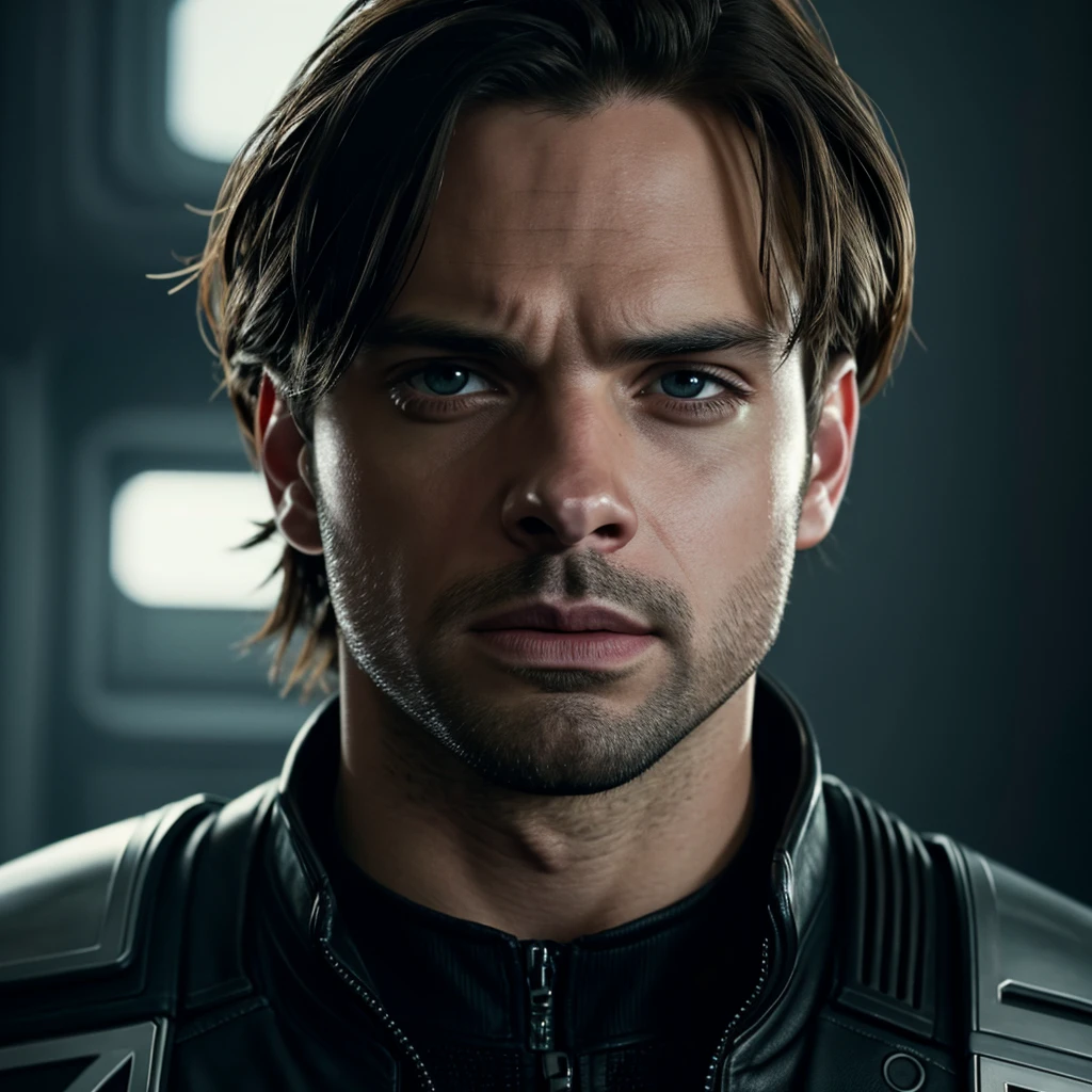 A highly detailed, hyper-realistic portrait of Bucky Barnes from the Marvel universe, featuring the distinctive facial features of actor Sebastian Stan, cinematic lighting, 8k resolution, masterpiece, stunning, ultra-detailed, photorealistic, sharp focus, physically-based rendering, vivid colors, dramatic shadows and highlights, chiaroscuro, moody, somber, melancholic, digital painting