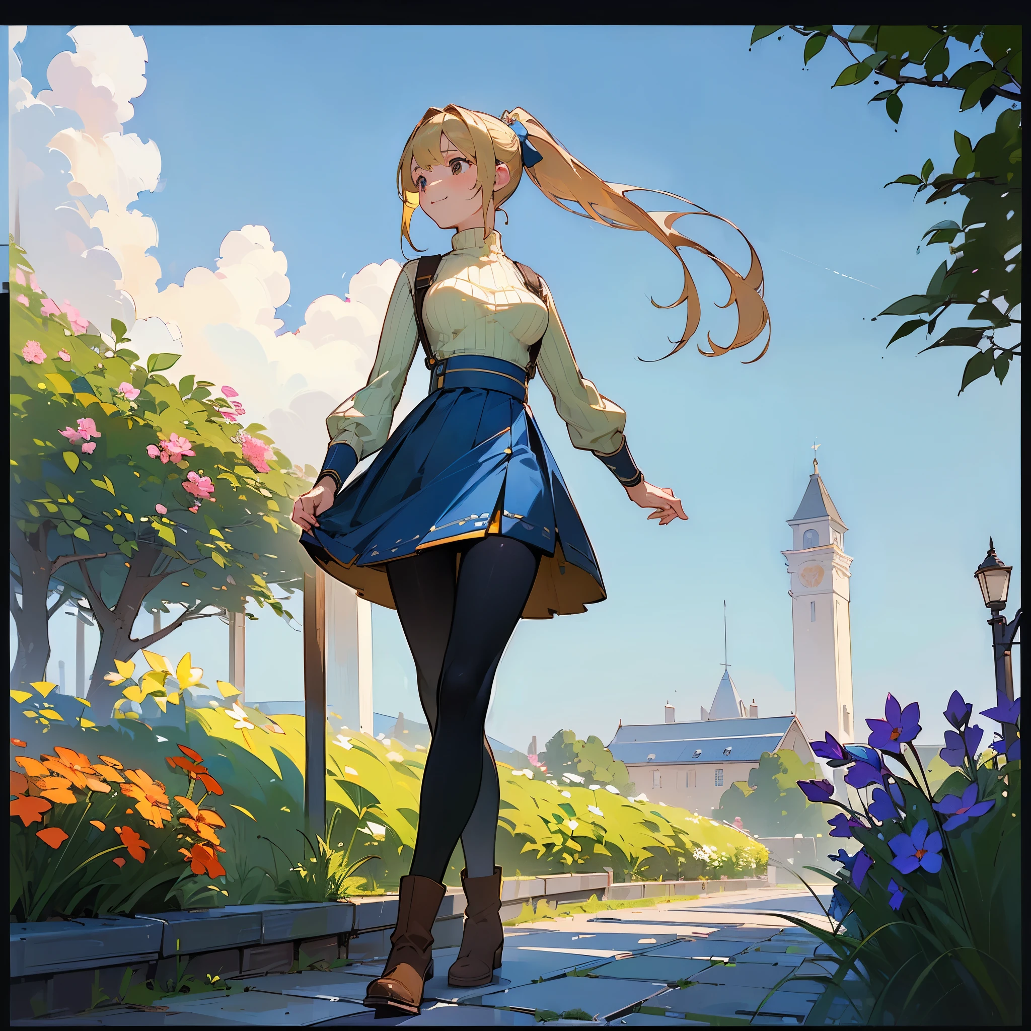 (high quality, High resolution, Very detailed, reality:1.37), Peaceful atmosphere, (Outdoor, garden), Teenage girl standing alone, (my breasts are big.), Beautiful details, Cute Smile, (Blonde Ponytail), Ribbed sweater, Blue Skirt, Black tights, Brown boots.