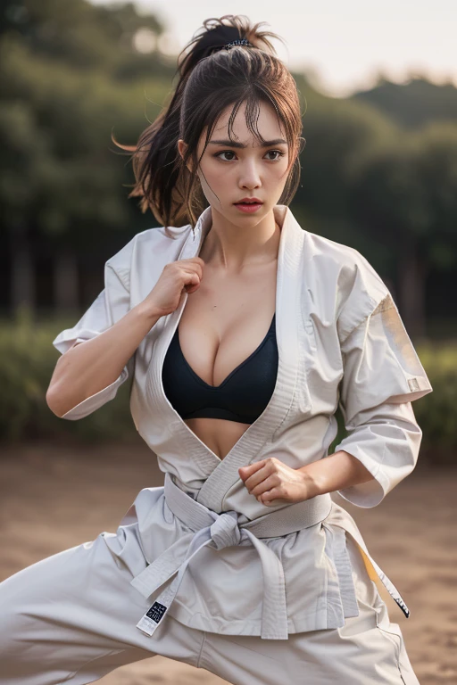 (((Karate clothes)))、fullbody,(karate uniform:1.5),martial arts belt,(fighting stance:1.3),((Ponytail with bangs))、(Female Karateka)、shiny skin、((Turn your face away))、((look sideways))、face is flushed、(Watery eye)、(((Karate Dojo)))、((delicate pictureasterpiece detailed RAW photos:1.25), (highest quality:1.6), (Super high resolution:1.5), (realistic:1.75), 8K resolution, Canon EOS R5, 50mm, absurd, super detailed,cinematic lighting,Sportsbra,cleavage,