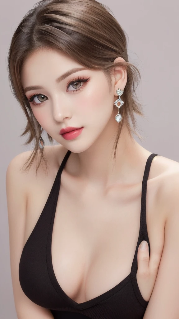 beautiful girl, brown_eye, ((Beautiful and slim 18 year old girl, hair color [brown highlights hair], [Undercut Pixie] hair)), Earrings, lips, Realistic, Tight waist, charm, pink lipstick, Colorful Makeup, Long eyelashes, Earrings, Applying eyeliner, Fair skin, (cute), (Detailed face), detailed eye, Detailed Iris