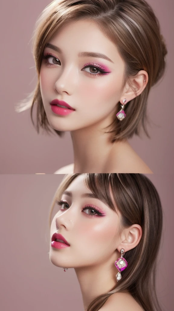 beautiful girl, brown_eye, ((Beautiful and slim 18 year old girl, hair color [brown highlights hair], [Undercut Pixie] hair)), Earrings, lips, Realistic, Tight waist, charm, pink lipstick, Colorful Makeup, Long eyelashes, Earrings, Applying eyeliner, Fair skin, (cute), (Detailed face), detailed eye, Detailed Iris