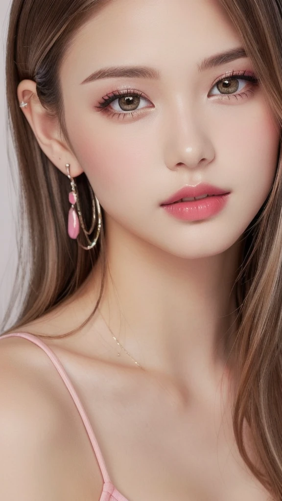 beautiful girl, brown_eye, ((Beautiful and slim 18 year old girl, hair color [brown highlights hair], [Undercut Pixie] hair)), Earrings, lips, Realistic, Tight waist, charm, pink lipstick, Colorful Makeup, Long eyelashes, Earrings, Applying eyeliner, Fair skin, (cute), (Detailed face), detailed eye, Detailed Iris