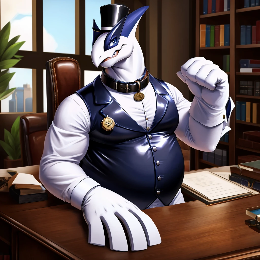 Solo, Male, fat, extremely obese, gentleman, dapper Professor Lugia, blue eyes, (posing:1.3), (soft shading), 4k, hi res, ((detailed face, detailed)), looking at viewer, mouth wide open, steampunk, dapper clothing, collared shirt with buttons, top hat, male focus, Explorer Outfit, glasses, monocle, vest with buttons, sleeves rolled up, round eyewear, brown headwear, brown vest, office, Lugia is wearing a glossy leather dog collar around the neck, Lugia is wearing the leather collar and shirt and vest at the same time, Lugia is wearing glossy white rubber gloves on the hands, wearing white rubber gloves on the feet, gloves are rubber in texture, clenching teeth, clenching fists, leather collar is glossy and shiny with a lot of detail, Lugia is wearing gloves and leather collar at the same time, leather collar has a round dog-tag, leather collar is thick and detailed, leather collar is glossy and shiny, fancy clothing, dapper vest, dapper shirt, leather collar is thick, glossy leather collar.