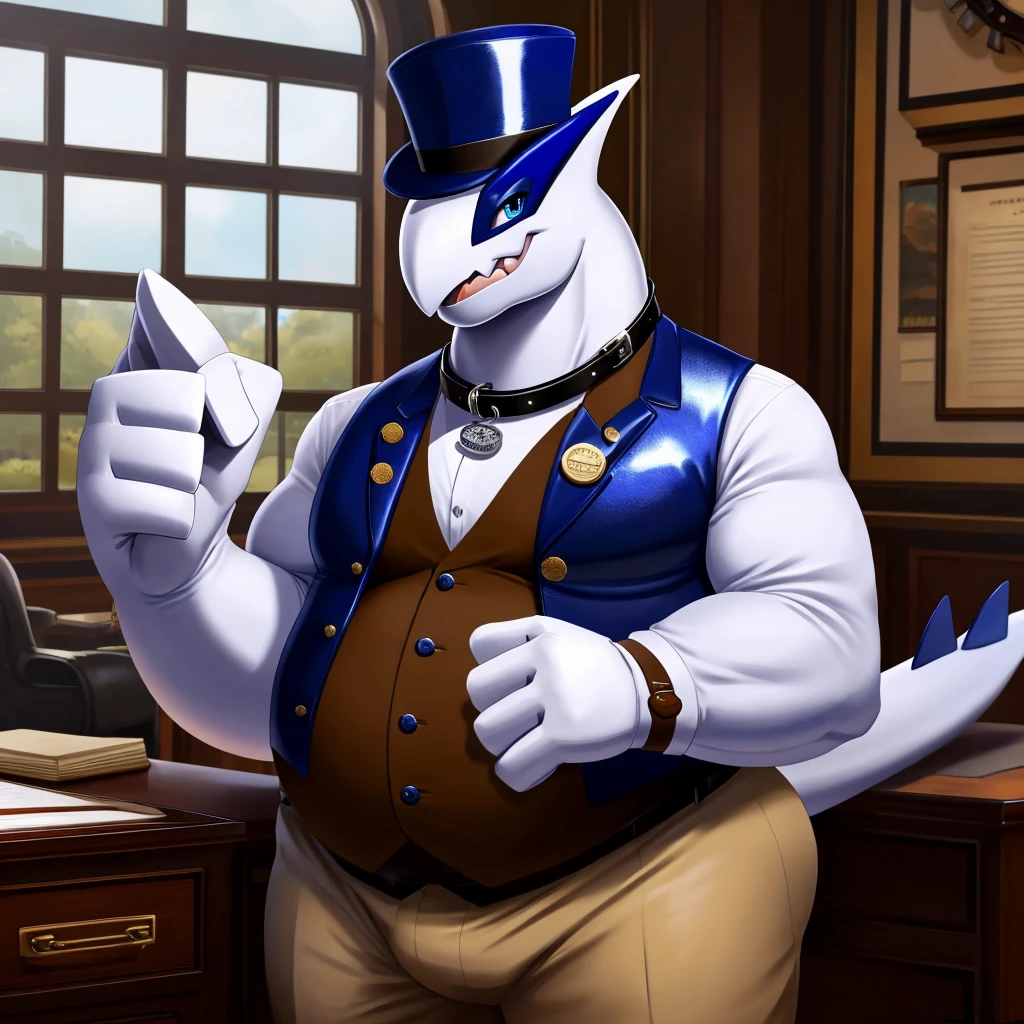 Solo, Male, fat, extremely obese, gentleman, dapper Professor Lugia, blue eyes, (posing:1.3), (soft shading), 4k, hi res, ((detailed face, detailed)), looking at viewer, mouth wide open, steampunk, dapper clothing, collared shirt with buttons, top hat, male focus, Explorer Outfit, glasses, monocle, vest with buttons, sleeves rolled up, round eyewear, brown headwear, brown vest, office, Lugia is wearing a glossy leather dog collar around the neck, Lugia is wearing the leather collar and shirt and vest at the same time, Lugia is wearing glossy white rubber gloves on the hands, wearing white rubber gloves on the feet, gloves are rubber in texture, clenching teeth, clenching fists, leather collar is glossy and shiny with a lot of detail, Lugia is wearing gloves and leather collar at the same time, leather collar has a round dog-tag, leather collar is thick and detailed, leather collar is glossy and shiny, fancy clothing, dapper vest, dapper shirt, leather collar is thick, glossy leather collar.