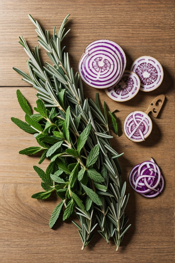 An image for a brand that specializes in hair care, has ingredients like rosemary, the Mint, bay leaf and red onion 