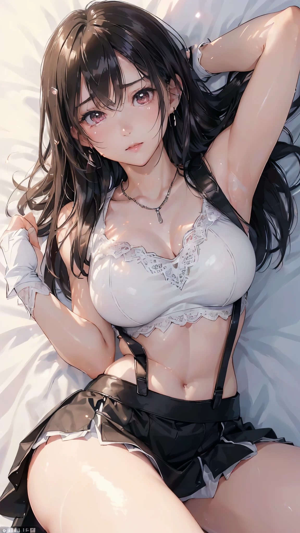 (masterpiece: 1.3), (Maximum resolution: 1.2), (Ultra High Definition TV: 1.2), Cinematic Light, 8k resolution, Detailed facial features , (Sharp focus: 1.2), (Focus on the face:1.2),Perfect Style, Beautiful Face, Acura, Anatomically correct, Two Arms、Tifa Lockhart, Highly detailed face and skin texture, Delicate beautiful eyes, Glitter Eyeliner: 1 Natural Cheeks, Glowing Skin, Fair skin: 1.2, (Glossy Lips: 1.4),、 (Embarrassed look: 1.2),Highly detailed face and skin texture, The hair is very detailed.、Natural Cheeks, , Glossy Lips: 1.4,Perfect Style、Cleavage、Soft Breasts、(Sperm on chest:1.4)(Sperm on thighs:1.4)、 blush、A humiliating look、Anxious expression、A look of humiliation、Embarrassed look、Glare、anger、sorrow、tears、Open your knees、Spread your legs、 White underwear、White bra、Sparkly little earrings and necklace、Disheveled clothes、White panties、sweating、stockings、 (1 girl), Red eyes, Black Hair, Long Hair, Professional Lighting, (Glowing Skin: 1.2), shiny big, ((Highest quality)), Sharp focus: 1.2, Highly detailed face and skin texture, detailed eyes, Perfect Face, Perfect body, Blur Art, CG, Large background , in front (20-year-old, 成熟したクールでBeautiful Face), wear (Black skirt with suspenders), black elbow gloves, White tight shirt, thigh, White tank top),On the bed、(On my back, ベッドにLying down, ベッドにLying downいる, Lying down, White sheets:1.5)、