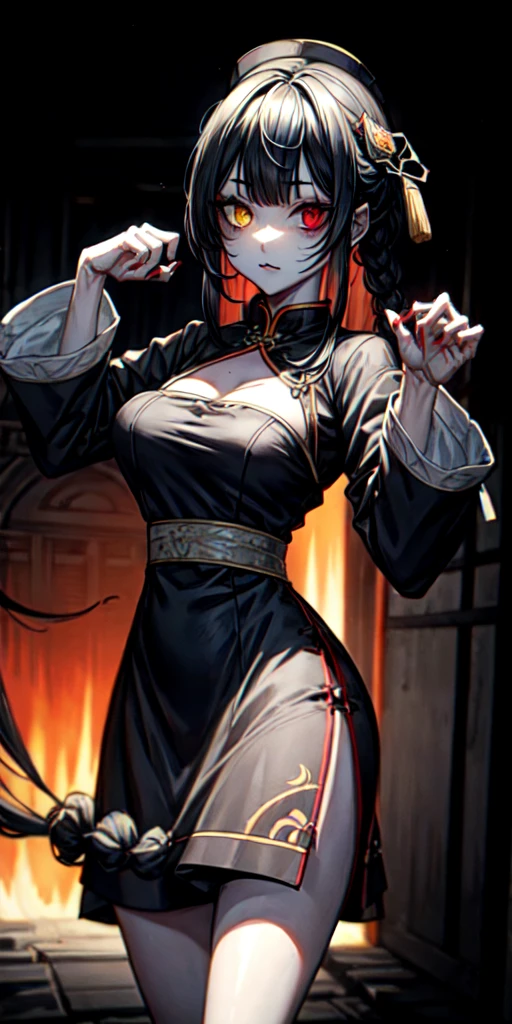 lora:flat:-1.2, masterpiece, best quality, 4k, 8k, 1 woman, solo, pale skin, tall stature, long hair, blunt bangs, side braid, black hair, ugly face, bad face, bad eyes, droopy eyes, unclear eyes, ruby red eyes, lemon yellow eyes, pale skin, black eyeliner, black eye shadow, heterochromia, slender frame, frightened, ofuda, jiangshi costume:1.2, sheath long skirt, China dress, fang, horror, coffin, forest, dark night, stormy weather, fog, from front, cowboy shot, look at viewer, paw pose,
