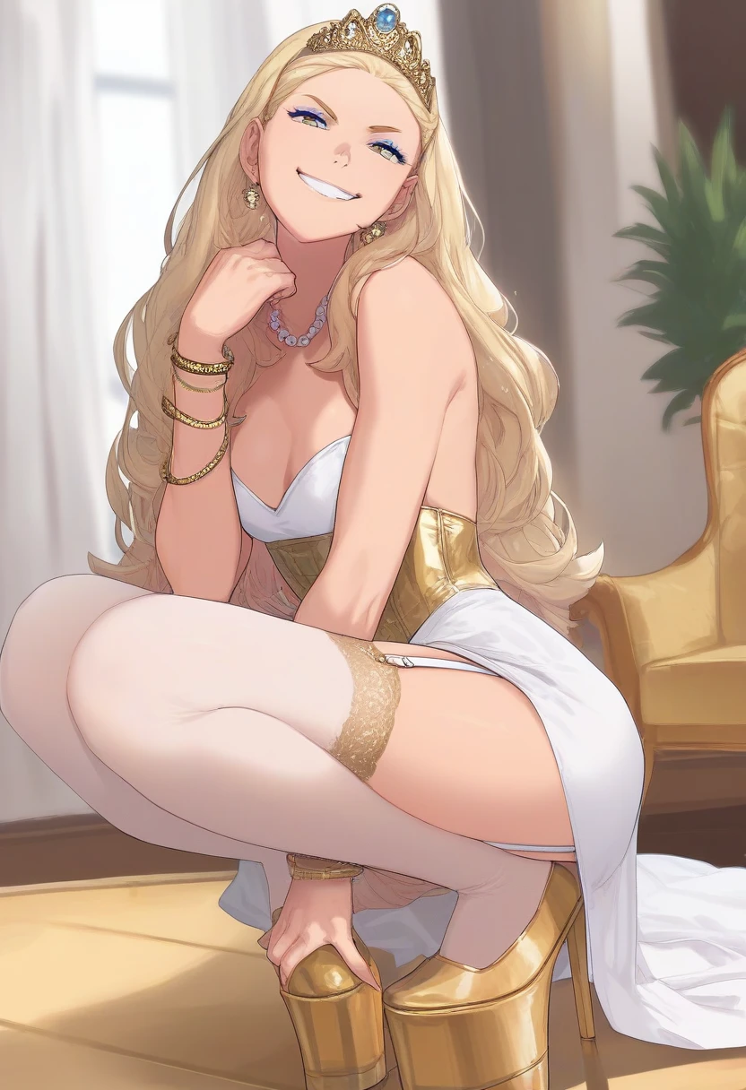 score_9, score_8_up, score_7_up, score_6_up, 1girl, long blonde hair, straight hair, gold tiara, pearl necklace, golden bracelets, earrings, playful expression, cute squint, grin, smug, teasing, smile, bold eyeshadow:1.2, blonde hair, long hair, squatting, royal dress, gold and white dress, royal room, gold  platform high heels, tekuult,  fully fashioned stockings, garter belt, corset, sitting on a fancy chair,