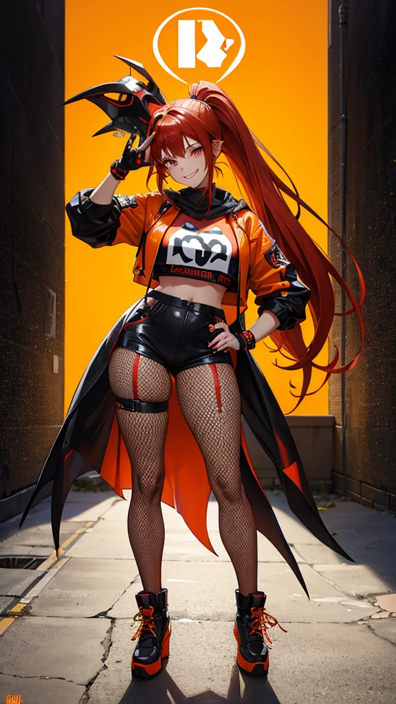 girl, red hair, high ponytail, hip hop clothing, mask with smile drawing, street gang style, fishnet stockings, street gangster pose, dark lighting, details in fluorescent orange, fluorescent yellow, fluorescent green, disco background night, laser lights, high definition, full body focus.