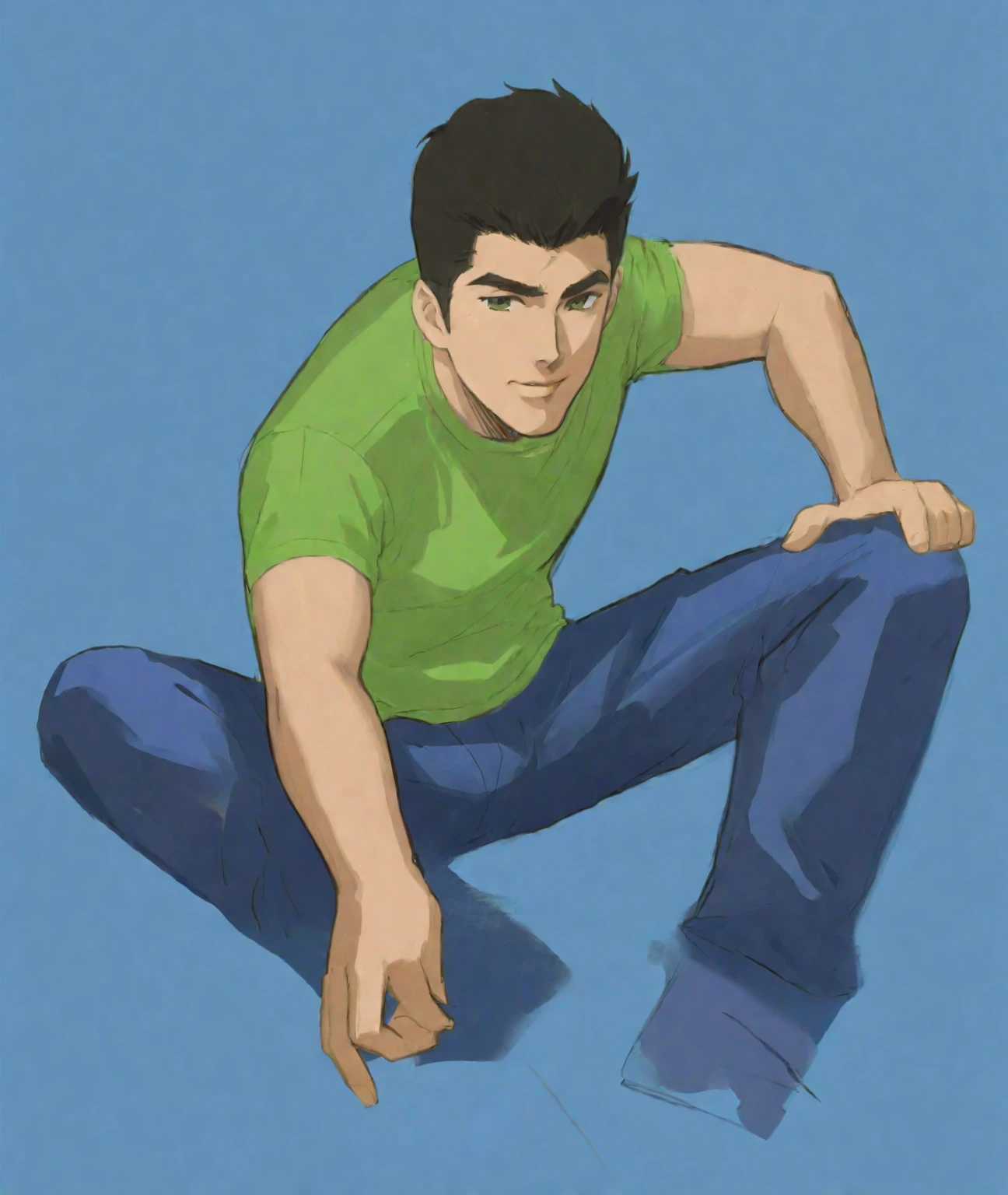 Arav man in green shirt sitting on the ground,Point to something, 短Full body portrait!, Cool anime poses, Fan Art, Color Sketch, High resolution commissions, Digital Color, Casual posture, Full body portrait, Male pose, Inspired by Ludovit Fulla, Draw with photoshop, Inspired by Adam Dario Kiel, wikihow illustrations