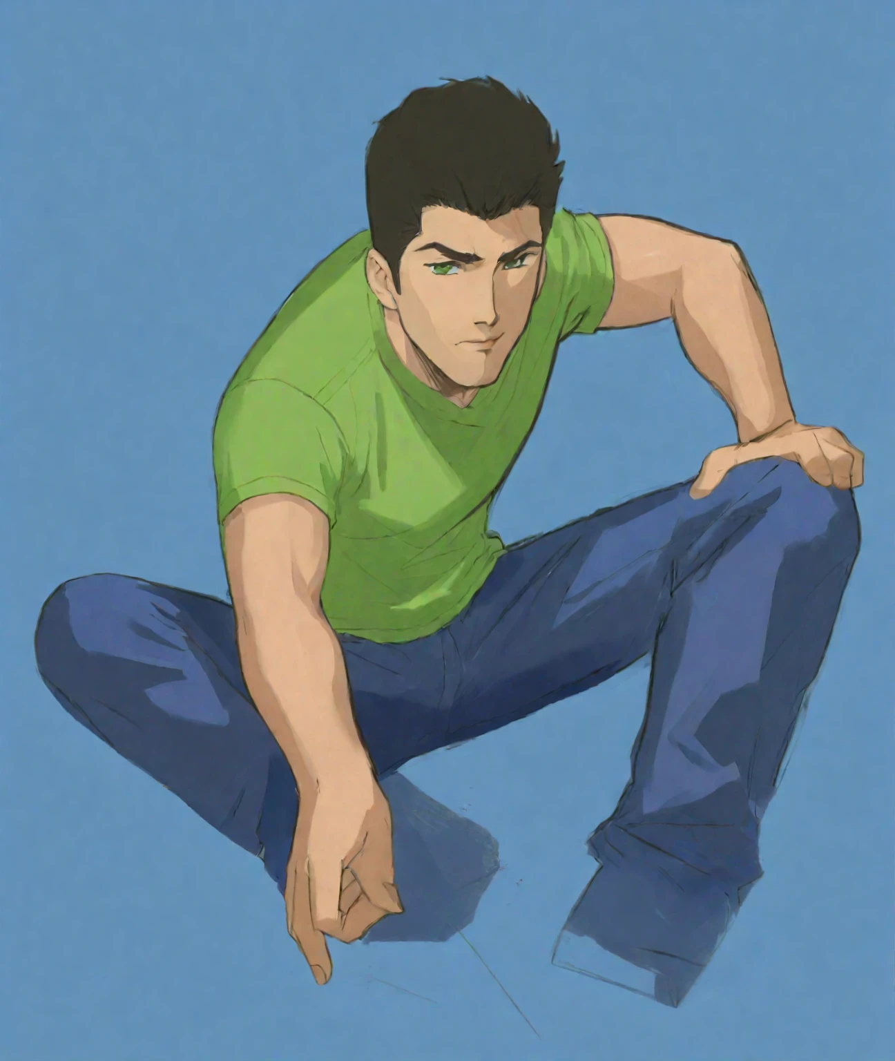 Arav man in green shirt sitting on the ground，Point to something, 短Full body portrait!, Cool anime poses, Fan Art, Color Sketch, High resolution commissions, Digital Color, Casual posture, Full body portrait, Male pose, Inspired by Ludovit Fulla, Draw with photoshop, Inspired by Adam Dario Kiel, wikihow illustrations