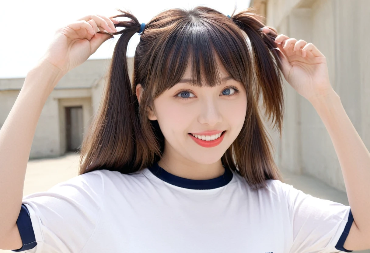 score_8, score_9, Highest quality, masterpiece, Long Hair, Brown Hair, sexy, girl, Sisters, ((Thin, tight fitting T-shirt))，Cowboy Shot:1.３， Adorable， smile， Slim face, Slim body，32K, masterpiece， Best image quality，Ultra-high resolution，Perfect hands，Black choker、blue eyes、bangs、Very thick and long eyelashes, たくさんのgirl、((Big Breasts)), Dependents, Big Breasts, Red lipstick、School、blue sky、Big ass