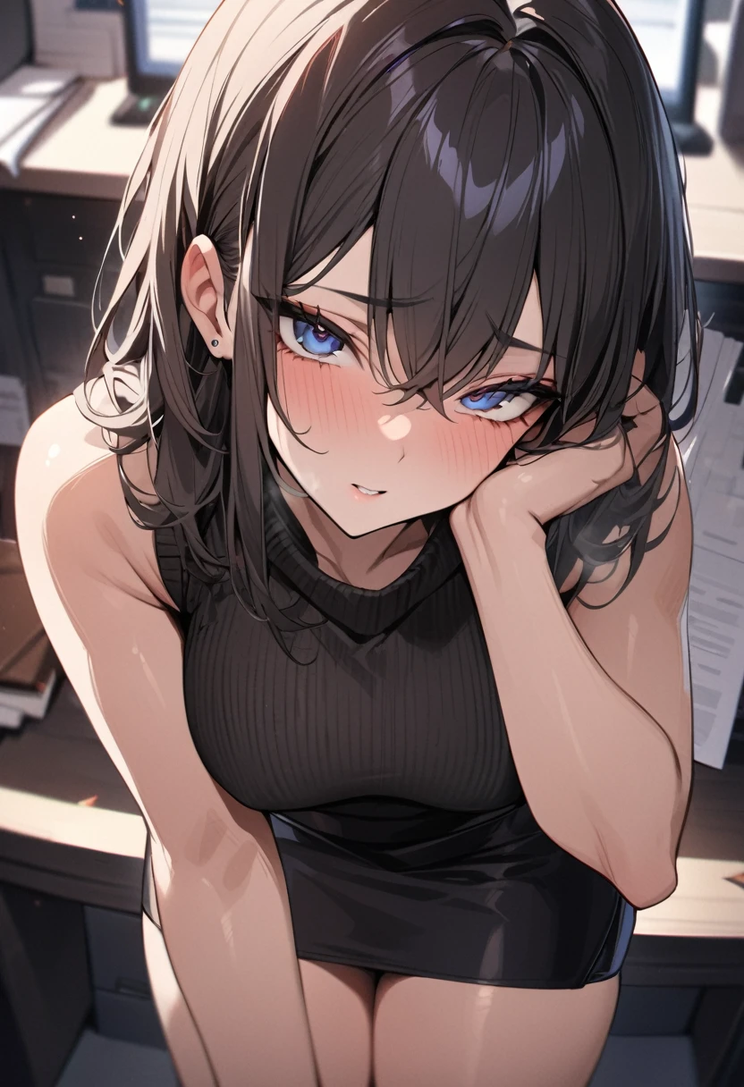 (((masterpiece))),(((High resolution)))、Beautiful office lady wearing black sleeveless sweater and pencil skirt, Looking at the camera, ((Top quality eyes)), Detailed face, ((Detailed Texture)), hentai