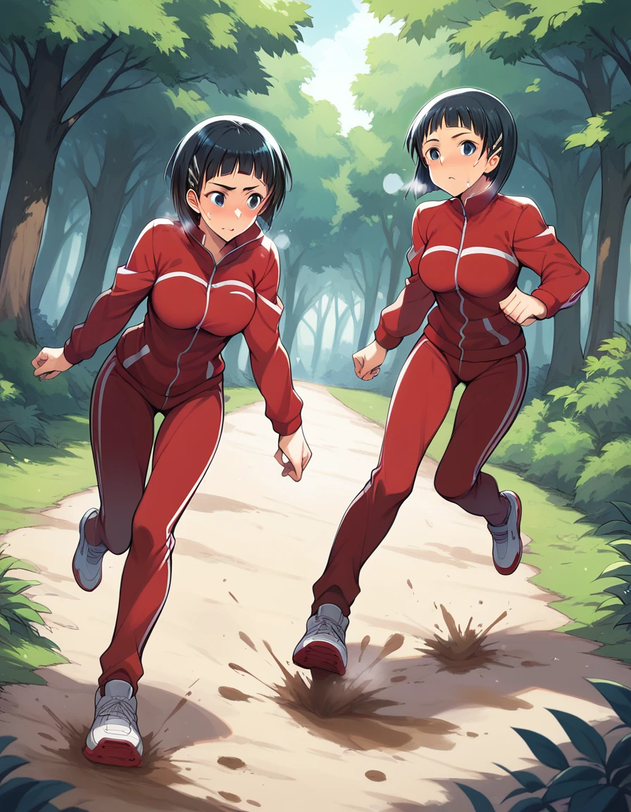 Kirigaya Suguha, Kirigaya Suguha from Sword Art Online, wearing red tracksuit with red tracksuit pants, wearing white running shoes, fall setting, in forest, slight blush, hot breath, slightly sweaty face, on dirt path,