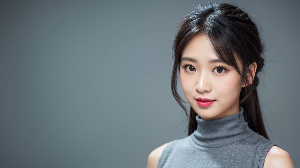 ((Detailed face)),vivid,cute,A silky grey dress with a turtleneck and sleeveless top,4K,Ultra-high resolution,(Photorealistic:1.7),Gray background,Long black hair,