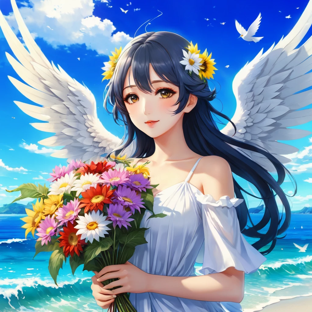 Busty anime woman with flowers and wings on the beach, of a beautiful angel girl, Official Artwork, Beautiful angel, Beautiful sunflower, Summer Goddess, Beautiful anime art, White Wings, with beautiful wings, Official Art, Beautiful peaceful scene in anime