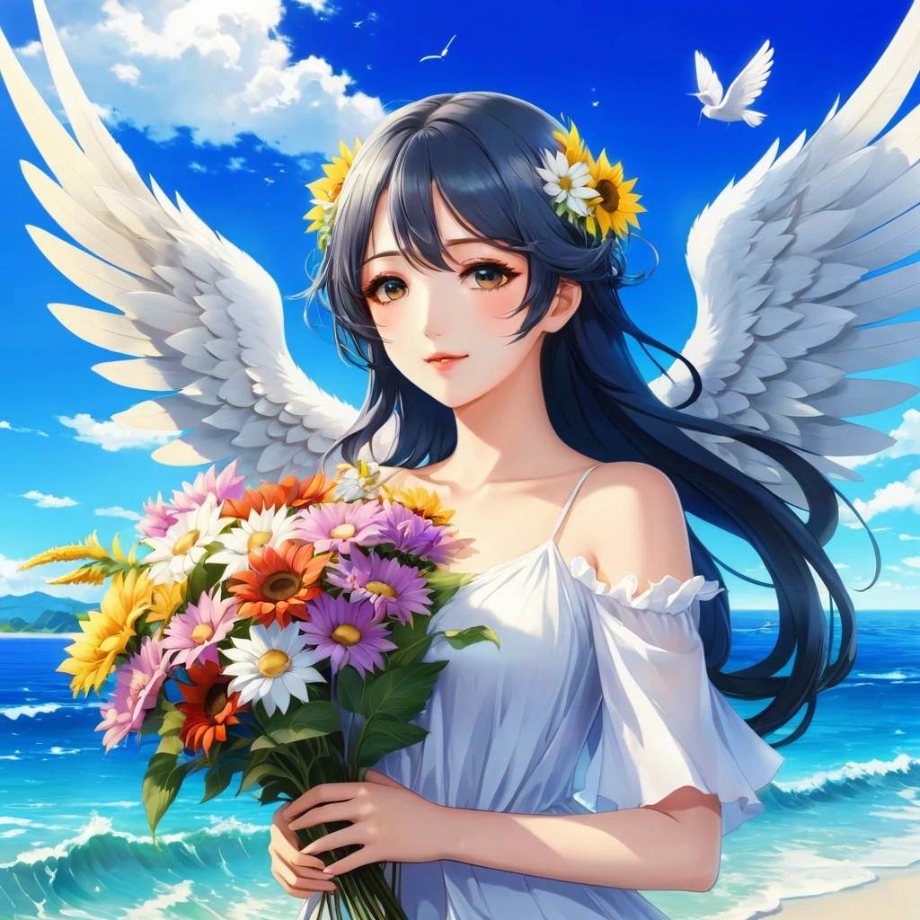 Busty anime woman with flowers and wings on the beach, of a beautiful angel girl, Official Artwork, Beautiful angel, Beautiful sunflower, Summer Goddess, Beautiful anime art, White Wings, with beautiful wings, Official Art, Beautiful peaceful scene in anime