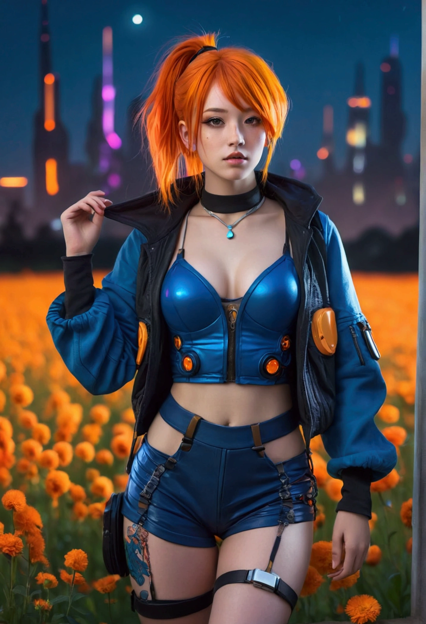 A girl with orange hair, with blue cyberpunk outfit, in a colorful meadow, at night