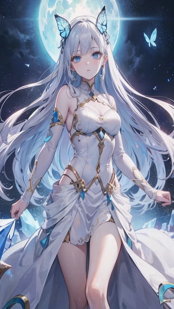 High resolution, masterpiece, accurate, Anatomically correct, Winner of numerous awards, Highest quality, High-resolution model, anime, anime風, 8k octane,
One girl, solo,
Super long hair, Silver Hair, Heavy bangs, pale skin, Ice Blue Eyes, Sharp, thin butterfly hair accessory, Crystal Earrings,White high heels,
Character portrait, whole body