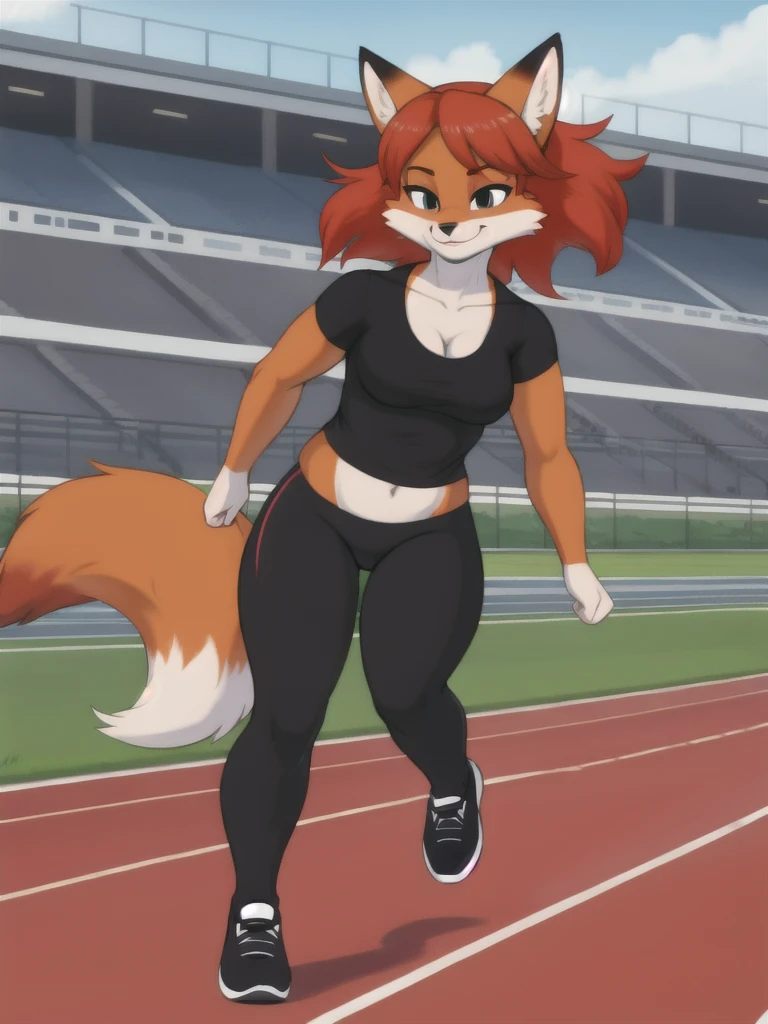 Furry, fox, female, black shirt, black leggings, shoes, running track, solo, full body